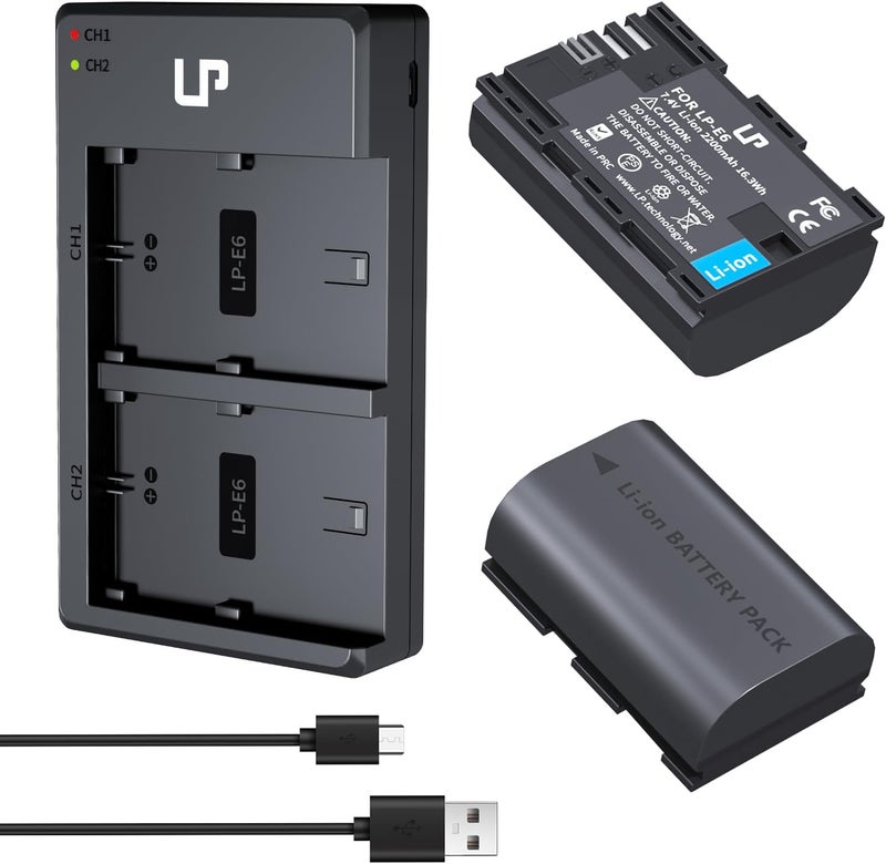 L & P -E6 E6N Battery Charger Pack, 2-Pack 2600mAh Battery & Dual Charger Compatible with Canon EOS R, R5, R6, 90D, 80D, 70D, 60D, 60DA, 5D Mark II, 6D, 6D Mark II, 7D, 7D Mark II, XC15, XC10 Cameras - Image 1